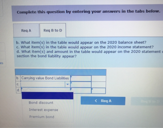 Complete this question by entering your answers in the tabs below. Req A Req B to D b. What item(s) in the table would appear