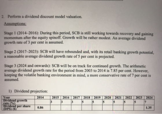 2. Perform a dividend discount model valuation. Assumptions: Stage 1 (2014-2016): During this period, SCB is still working to