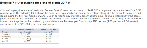 Exercise 7-11 Accounting for a line of credit LO 7-6 Colson Company has a line of credit with Federal Bank. Colson can borrow