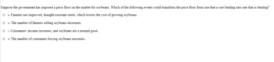 Suppose the government has imposed a price floor on the market for soybeans. Which of the following events could transform th
