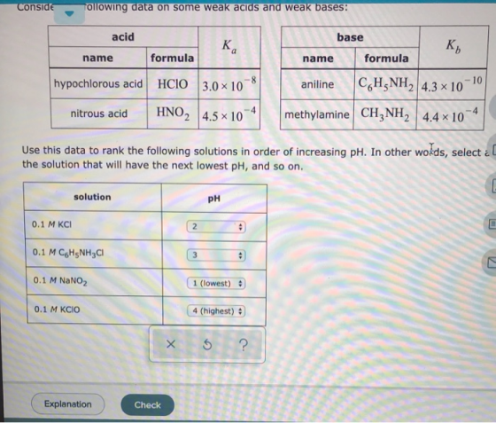 Conside Tollowing data on some weak acids and weak bases: acid base name formula name formula hypochlorous acid HClO 3.0 x10-