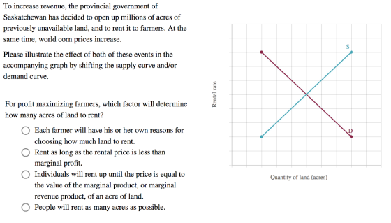 To increase revenue, the provincial government of Saskatchewan has decided to open up millions of acres of previously unavailable land, and to rent it to farmers. At the same time, world corn prices increase. Please illustrate the effect of both of these events in the accompanying graph by shifting the supply curve and/or demand curve For profit maximizing farmers, which factor will determine how many acres of land to rent? Each farmer will have his or her own reasons for choosing how much land to rent. O Rent as long as the rental price is less than marginal profit. Individuals will rent up until the price is equal to the value of the marginal product, or marginal revenue product, of an acre of land. Quantity of land (acres) O People will rent as many acres as possible.