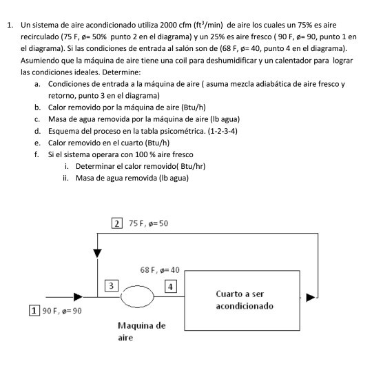 Un sistema de aire acondicionado utiliza 2000 cfm (ff/min) de aire los cuales un 75% es aire recirculado (75 F, ø: 50% punto 2 en el diagrama) y un 25% es aire fresco ( 90 F, ø: 90, punto 1 en el diagrama). Si las condiciones de entrada al salón son de (68 F, o 40, punto 4 en el diagrama). Asumiendo que la máquina de aire tiene una coil para deshumidificar y un calentador para lograr las condiciones ideales. Determine 1. Condiciones de entrada a la máquina de aire (asuma mezcla adiabática de aire fresco y retorno, punto 3 en el diagrama) Calor removido por la máquina de aire (Btu/h) Masa de agua removida por la máquina de aire (lb agua) Esquema del proceso en la tabla psicométrica. (1-2-3-4) Calor removido en el cuarto (Btu/h) Si el sistema operara con 100 % aire fresco a. b. c. d. e. f. i. ii. Determinar el calor removidol Btu/hr) Masa de agua removida (lb agua) 2 75F, -50 68 F, -40r 3 Cuarto a ser acondicionado 190F,#90 Maquina de aire