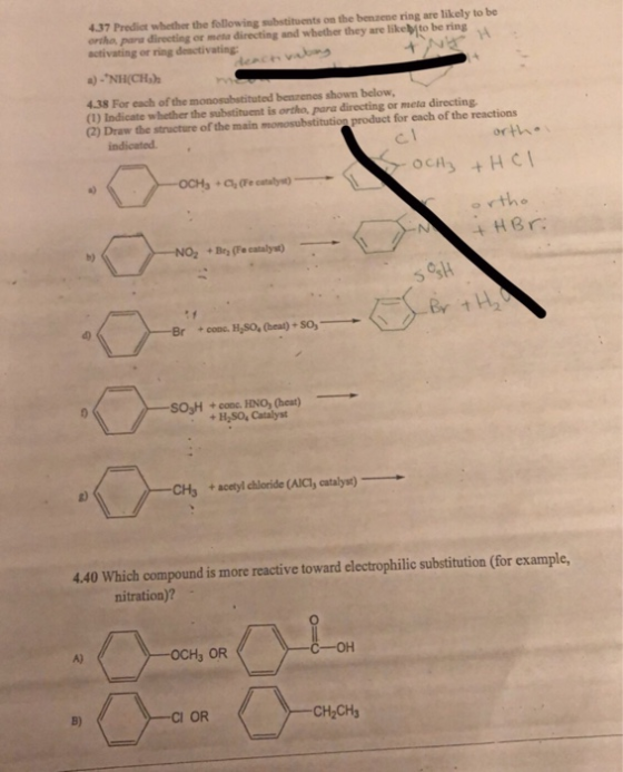 437 Predict whether the following substituents on the benzene ring are likely to be ha para directing or meta directing and w