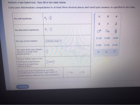 Perform a two-tailed test. Then fill in the table below. Carry your intermediate computations to at least three decimal place