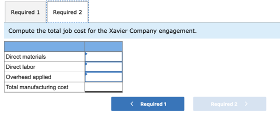 Required 1 Required 2 Compute the total job cost for the Xavier Company engagement. Direct materials Direct labor Overhead ap