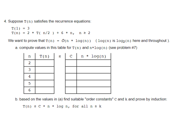 4. Suppose T (n) satisfies the recurrence equations T(n) = 2 * T( n/2 ) + 6 * n, n 2 We want to prove that T (n)-o(n * log(n)) T(1) = 3 (log (n) is log2 (n) here and throughout ). a. compute values in this table for T (n) and n*log (n) (see problem #7) T(n) | C | n * log(n) 2 4 6 b. based on the values in (a) find suitable order constants C and k and prove by induction: T (n) s C* nlog n, for all n 2 k