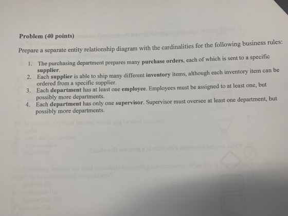 Problem (40 points) Prepare a separate entity relationship diagram with the cardinalities for the following business rules: 1