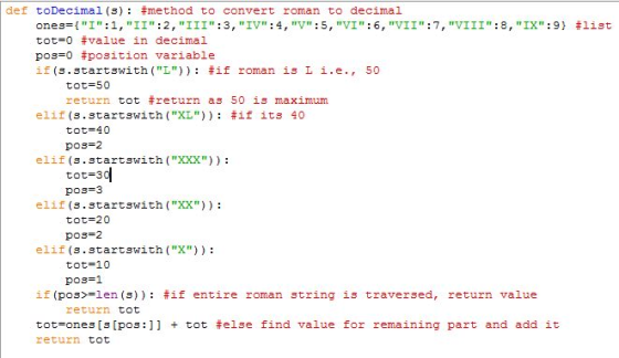 def toDecimal(3): #method to convert roman to decimal ones={I:1,II:2,III:3,IV:4,V:5,VI:6,VII:7,VIII:8,IX:9}