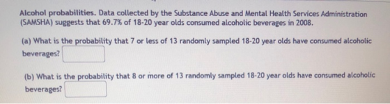 Alcohol probabilities. Data collected by the Substance Abuse and Mental Health Services Administration (SAMSHA) suggests that