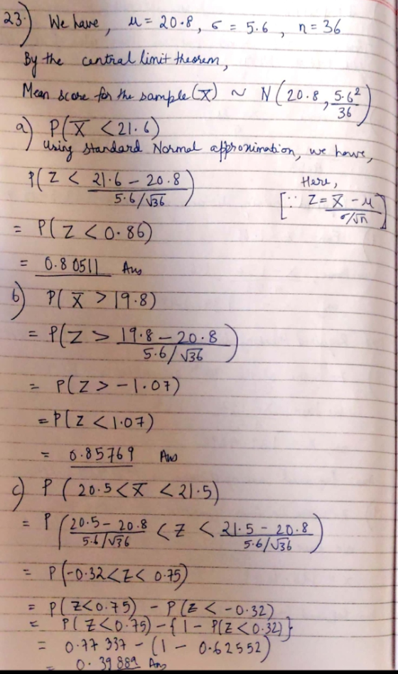 23.) We have, μ 20.8, s. 5.6 , t-36 By the (2,01,54 36 -20.8 6.80511 A 5.6 6.8 5769 PW p (20:5く丈く21-5) 20.5-20.8 0 12 33? ( 0 39 88 A 0 62552