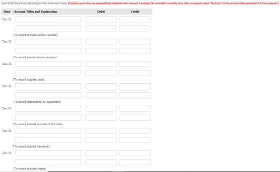 Journalize the annual adjusting entries that were made. (Credit account titles are automatically indented when amount is ente