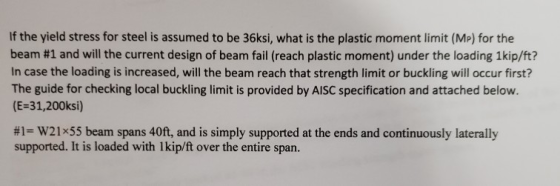If the yield stress for steel is assumed to be 36ksi, what is the plastic moment limit (MP) for the beam #1 and will the curr