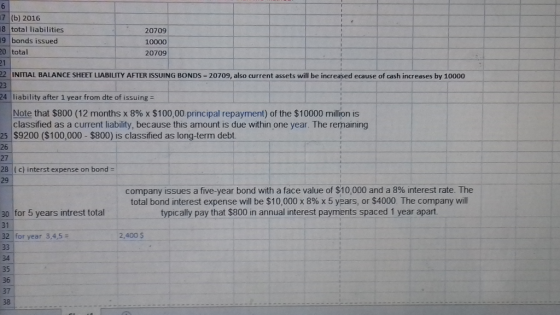 7 (b) 2016 8 total liabilities 9 bonds issued 20 total 21 22 INITIAL BALANCE SHEET LIABILITY AFTER ISSUING BONDS 23 24 liability after 1 year from dte of issuing- 20709 10000 20709 20709, also current assets w ill be increased ecause of cash increases by 10000 Note that $800 (12 months x 8% x $100,00 principal repayment) of the $10000 million is classified as a current liability, because this amount is due within one year. The rernaining $9200 ($100,000 - $800) is classified as long-term debt 26 27 28 (c) interst expense on bond 29 company issues a five-year bond with a face value of $10,000 and a 8% interest rate. The total bond interest expense will be $10,000 x 8% x 5 years, or $4000 The company will typically pay that $800 in annual interest payments spaced 1 year apart 30 for 5 years intrest total 31 32 for year 3,45 2,400 $ 34 35 36 37 38
