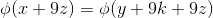 \phi (x+9z)=\phi (y+9k+9z)