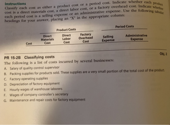 Instructions Classify each cost as either a product cost or a period cost. Indicate whether each ne cost is a direct materials cost, a direct labor cost, or a factory overhead cost. Indicate each period cost is a selling expense or an administrative expense. Use the followin headings for your answer, placing an X in the appropriate column: whether g tabula Period Costs Product Costs Direct Cost Direct Factory Materials Labor Overhead Selling Expense Administrative Expense Cost Cost Cost PR 15-2B Classifying costs The following is a list of costs incurred by several businesses: A. Salary of quality control supervisor B. Packing supplies for products sold. These supplies are a very small portion of the total cost of t C. Factory operating supplies D. Depreciation of factory equipment E. Hourly wages of warehouse laborers F. Wages of company controllers secretary G. Maintenance and repair costs for factory equipment Obj, 2