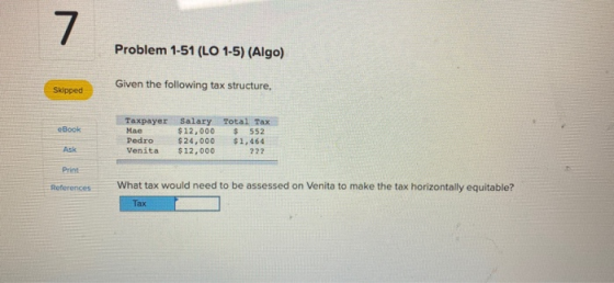 7 Problem 1-51 (LO 1-5) (Algo) Given the following tax structure, Skipped Book Taxpayer Mae Pedro Venita Salary Total Tax $12