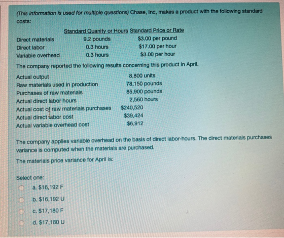 (This information is used for multiple questions) Chase, Inc, makes a product with the following standard costs: Standard Qua