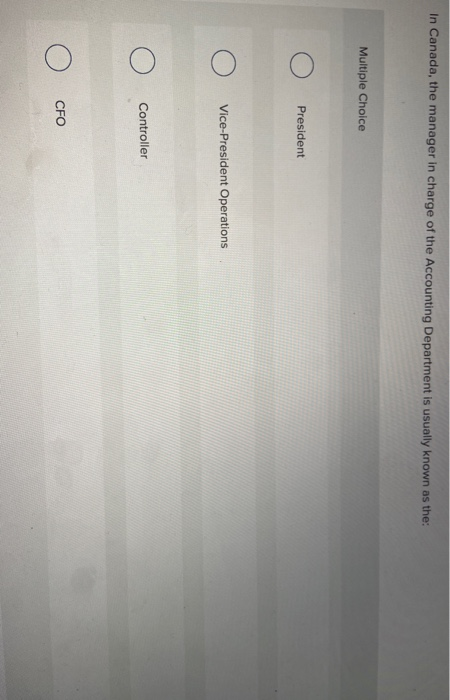 In Canada, the manager in charge of the Accounting Department is usually known as the: Multiple Choice President Vice-Preside