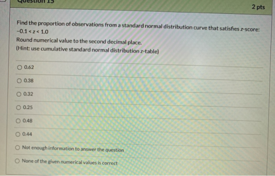 2 pts Find the proportion of observations from a standard normal distribution curve that satisfies z-score: -0.1<z< 1.0 Round
