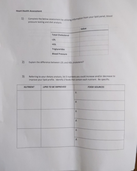 Heart Health Assessment 1) pressure testing and diet analysis. Complete the below assessment by utilizing information from yo