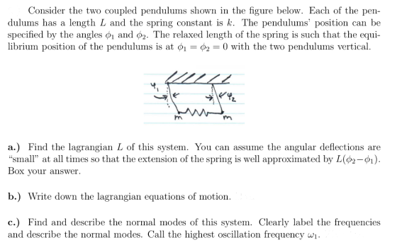 Consider the two coupled pendulums shown in the figure below. Each of the pen- dulums has a length L and the spring constant