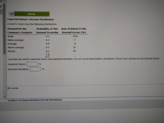 eBook Expected Return: Discrete Distribution A stocks return has the following distribution: Demand for the Probability of T