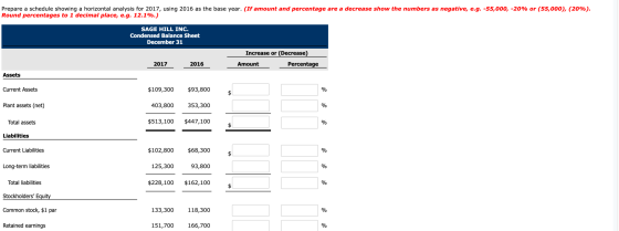 Prepare a schedule showing a horizontal analysis for 2017, using 2016 as the base year. (If amount and percentage are a decre