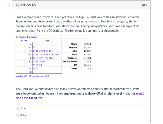 Question 18 3 pts Small Sample Mean Problem. Each year the Heritage Foundation creates an Index of Economic Freedom for count