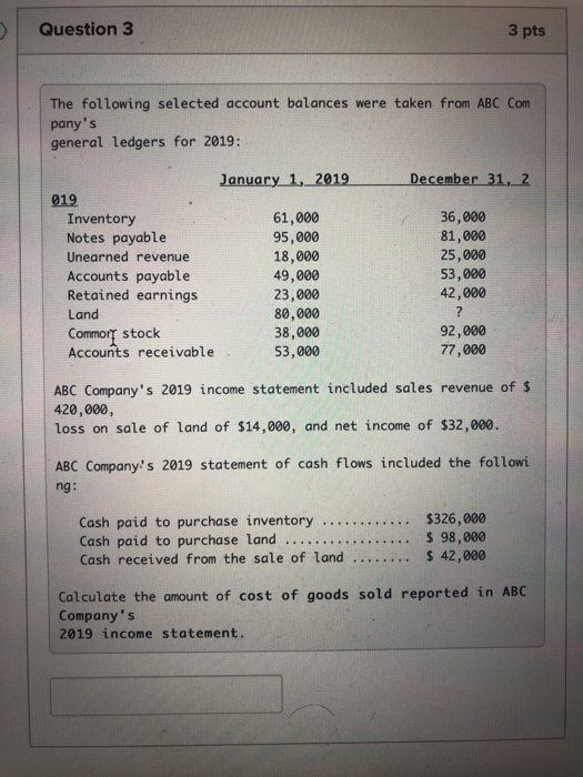 Question 3 3 pts The following selected account balances were taken from ABC Com panys general ledgers for 2019: December 31