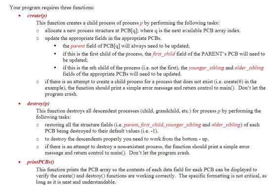 Your program requires three functions: create(p) This function creates a child process of process p by performing the followi