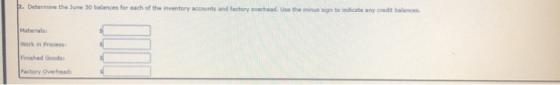 . Determine the June 30 balances for each of the inventory accounts and factory overhand. Use the minus sign to indicate any