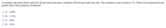 A company has stock which costs $41.00 per share and pays a dividend of $2.40 per share this year. The companys cost of equi