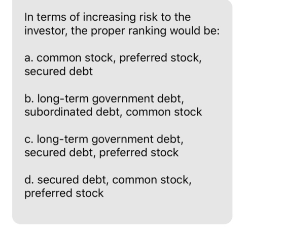 In terms of increasing risk to the investor, the proper ranking would be: a. common stock, preferred stock, secured debt b. l