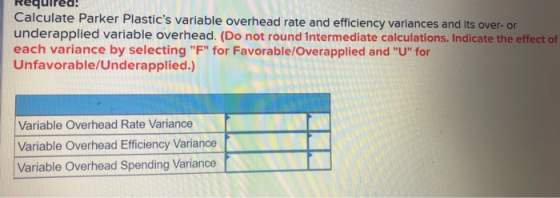 Required! Calculate Parker Plastics variable overhead rate and efficiency variances and its over-or underapplied variable ov