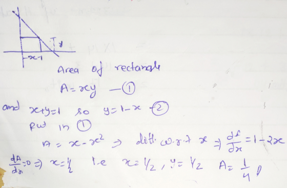 -- for Area of rectangle A= rey and xxyzt so y=-x Rut ditt w.good x =1-2x dre le 2242,9 = Y2 Az ! da 15 لے A=x-xe? y 그 dA o =