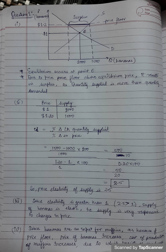 classmate Date Page Question 1. (bananas) (i) $1-2 Surplus price floor E $1 1000 ISO Q (bananas) # Equilibrium occurs at poin