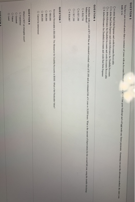 QUESTION 5 You have just received notice that a customer of yours with an Account Receivab make is to of S100 has gone bankru