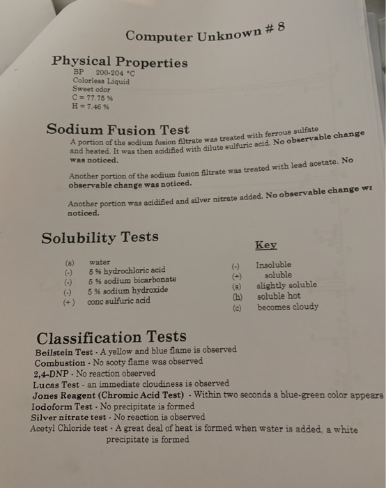 Computer Unknown # 8 Physical Properties ВP Colorless Liquid Sweet odor C 77.75 % H-7.46 % 200-204 °C Sodium Fusion Test A po