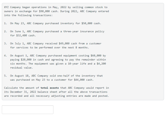 XYZ Company began operations in May, 2022 by selling common stock to owners in exchange for $90,000 cash. During 2022, ABC Co