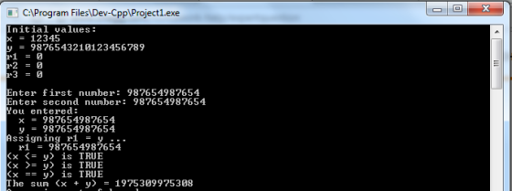 C:Program Files Dev-CpplProject1.exe Initial values: x = 12345 y9876543210123456789 10 20 r3 =0 Enter first number 9876549876