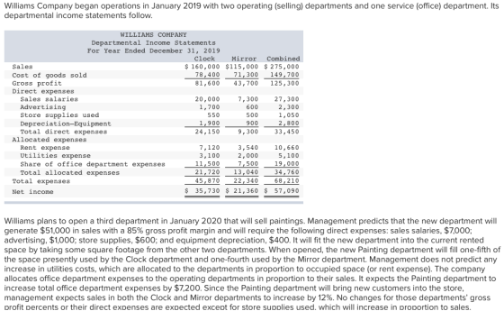 Williams Company began operations in January 2019 with two operating (selling) departments and one service (office) departmen