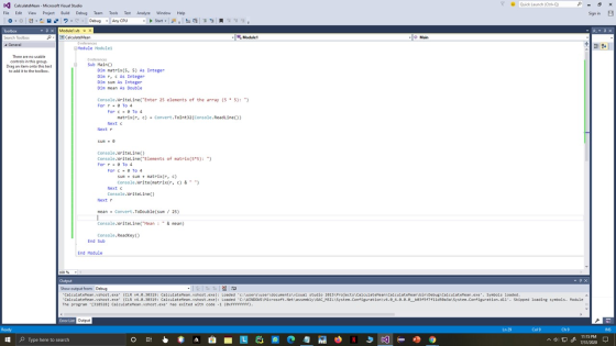 र Quick Launch (Ctrl+Q) х Sign in e - P.OX - Module 1 - Main Da Calculate Mean - Microsoft Visual Studio File Edit View View