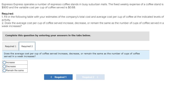 Espresso Express operates a number of espresso coffee stands in busy suburban malls. The fixed weekly expense of a coffee sta
