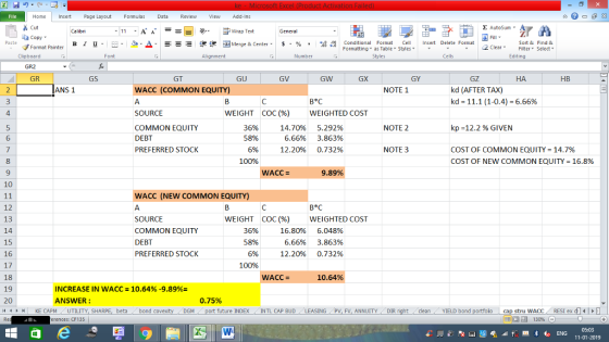 Home nert Page Layout Formulas Data Review View dd-Ins as Cut ta copy. Σ AutoSum Wrap Text B า 프 . Ej-., Δ. : r_一 逻锂函Merge & Center. $, % , 弼,8 conditional Format . Cell Insert Delete Format Sort &Find & 2 ClearFe Select Edting Format Painter Formatting, as Table w styles. ▼ ㆆ ▼ Clipboard Alignment Number Cells GR2 GR GS GT GU GW GX GY HA HB WACC (COMMON EQUITY) NOTE 1 kd (AFTER TAX) kd-11.1 (1-04)-6.66% ANS 1 SOURCE COMMON EQUITY DEBT PREFERRED STOCK 4 WEIGHT COC(96) WEIGHTED COST 36% 58% 6% 100% NOTE 2 kp-12.2 % GIVEN 14.70% 6.66% 12.20% 5.292% 3.863% 0.732% 6 NOTE 3 COST OF COMMON EQUITY-14.7% COST OF NEW COMMON EQUITY-16.8% 8 WACC 9.89% 10 WACC (NEW COMMON EQUITY) B*C 12 13 14 15 16 17 18 19 20 /4 SOURCE COMMON EQUITY DEBT PREFERRED STOCK WEIGHT COC (96) WEIGHTED COST 36% 5896 6% 100% 16.80% 6.66% 12.20% 6.048% 3.863% 0.732% WACC= 10.64% INCREASE IN WACC 10.64%-9.89% ANSWER 0.75% | KE CAPM , UTILITY, SH beta bond c DGM future INDEX INTL CAP BUDLEASING PV, FV, ANNUITYDIR cleanYIELD bond cap stru WACC RESI ex di 福 130% rences: CF135 11-01-2019