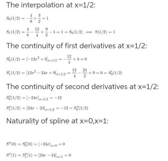 The interpolation at x=1/2: 4 So (1/2) 3 +-=1 2 8 4 12 9 Si(1/2) + -1=1= S. (1/2) = S(1/2) = 1 8 2 The continuity of first de