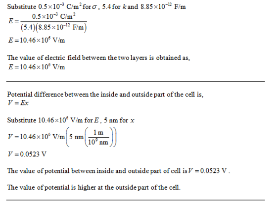 Substitute 0.5x 103 C/m2fora,5.4for k and 8.85 x1012 F/m 0.5x10-3 C/m2 E= (5.4) (8.85x10-12 F/m) E 10.46 x 106 V/m The value