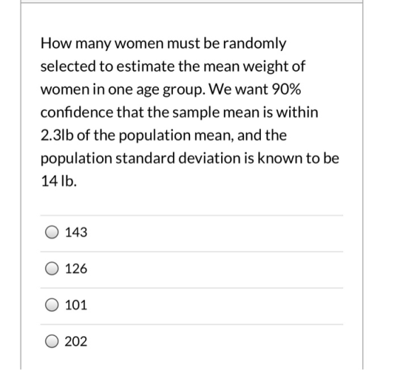 How many women must be randomly selected to estimate the mean weight of women in one age group. We want 90% confidence that t