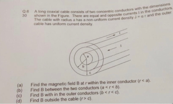 Q.6 30 Along coaxial cable consists of two concentric condu shown in the Figure. There are equal and opposite com with radius