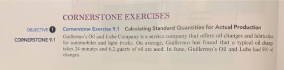 OBJECTIVE CORNERSTONE 9.1 CORNERSTONE EXERCISES Cornerstone Exercise 9.1 Calculating Standard Quantities for Actual Productio